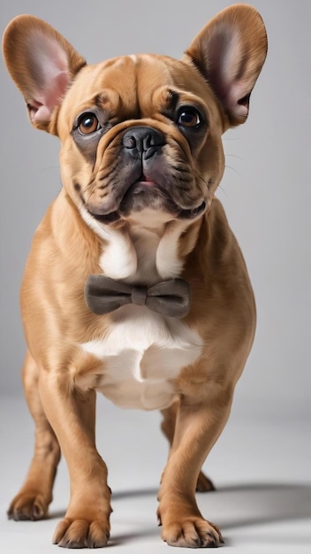 Un jeune bulldog français brun joue isolé sur un fond de studio blanc.