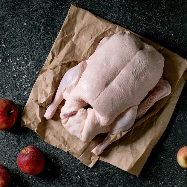 Jeune canard entier cru biologique non cuit sur du papier froissé avec du sel et des pommes rouges de jardinage autour sur fond de texture noire Vue de dessus Image carrée