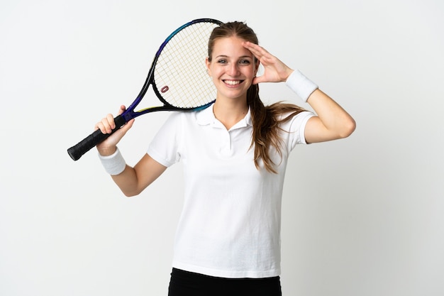 Jeune, caucasien, femme, isolé, blanc, jouer tennis