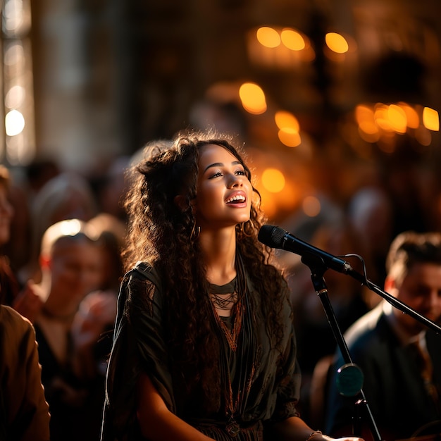 Un jeune chanteur de gospel chante avec un micro.