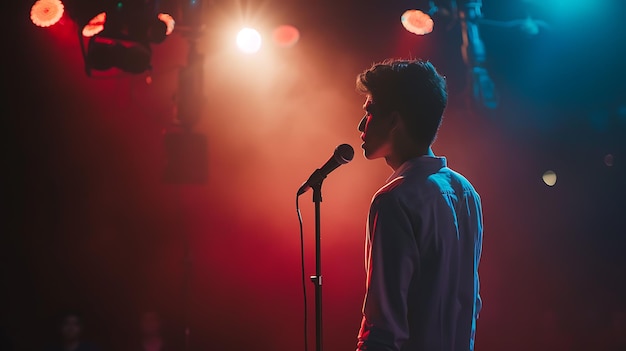 Un jeune chanteur sur scène avec des lumières rouges et bleues en arrière-plan