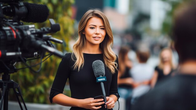 une jeune chanteuse avec un microphone dans la rue