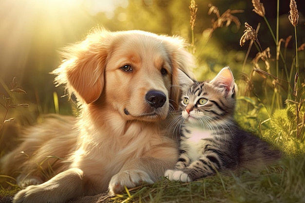 Jeune chat et chien ensemble concept d'amitié en plein air