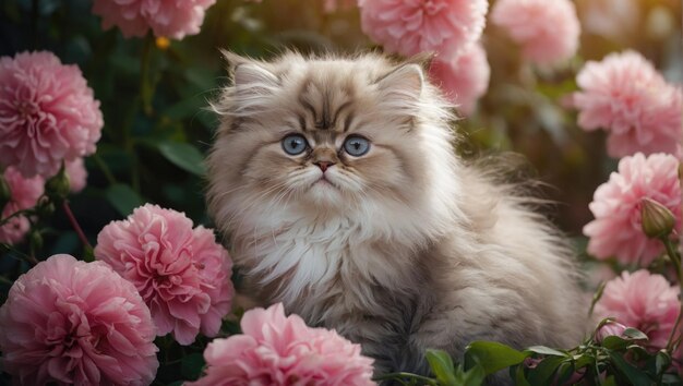 Photo un jeune chaton heureux et doux entouré de fleurs roses fraîches.