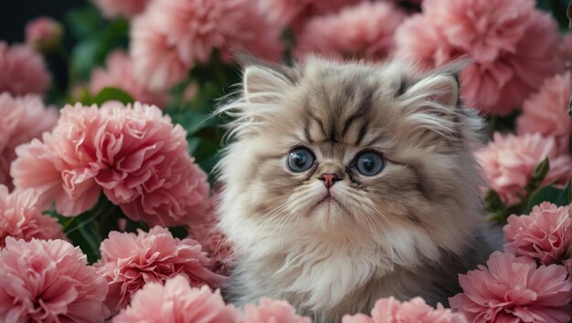 Un jeune chaton heureux et doux entouré de fleurs roses fraîches.