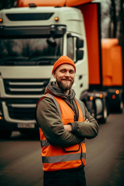 jeune chauffeur de camion heureux sur le point de frapper la route il regarde la caméra