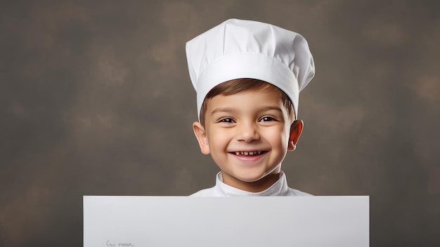 Photo jeune chef en action petit garçon heureux en toque de chef et veste avec un tableau blanc