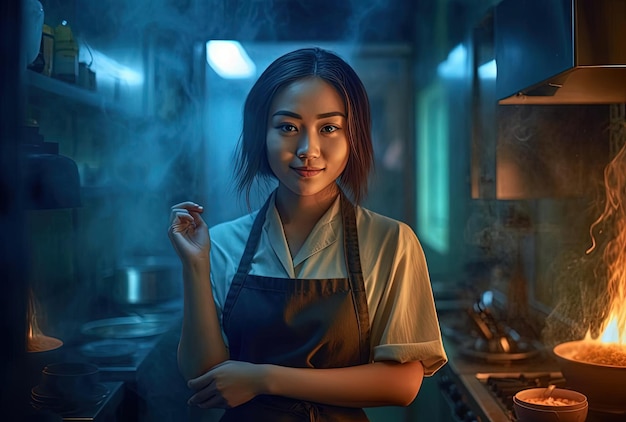 jeune chef asiatique regardant dans une cuisine dans le style de portraits atmosphériques détaillés
