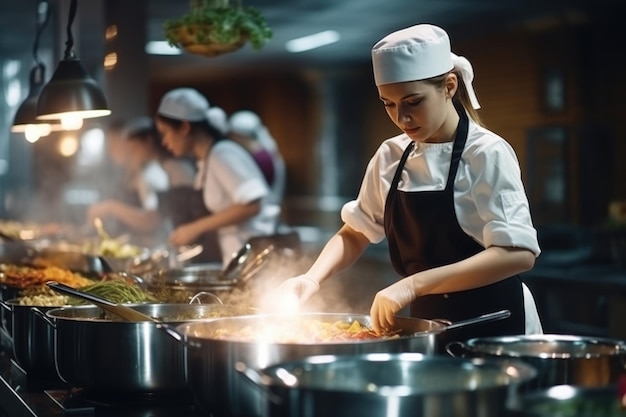 Une jeune chef caucasienne travaille dans la grande cuisine du restaurant avec son aide. La cuisine est pleine de légumes et de plats bouillants