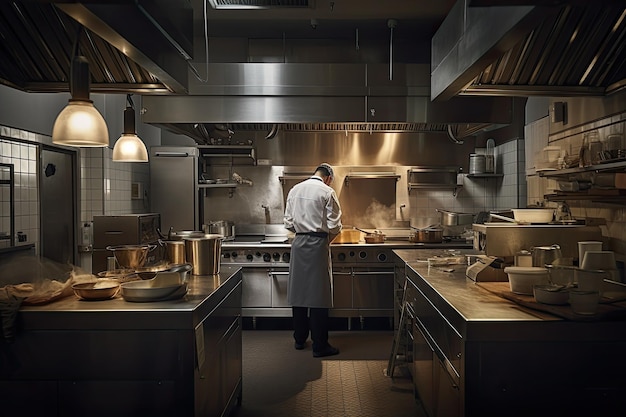 Jeune chef debout dans la cuisine d'un restaurant et regardant le four Vue arrière complète d'un chef à l'intérieur d'une cuisine moderne préparant des plats exquis générés par l'IA