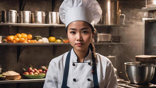 Jeune chef philippine avec un chapeau tenant un mélangeur regardant de côté avec une expression douteuse et sceptique