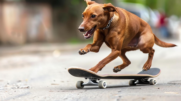 Photo un jeune chien brun avec une planche à roulettes roule sur le trottoir le chien a un collier et un skateboard le chien est heureux et enjoué