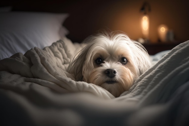 Un jeune chien maltais sous une couverture L'animal se prélasse sous le plaid Generative AI