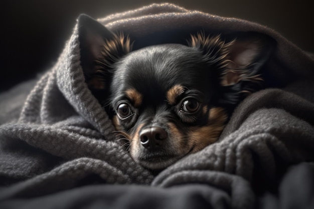 Un jeune chien Maltipoo sous une couverture L'animal se prélasse sous le plaid Generative AI