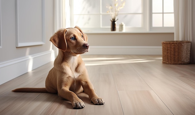 Un jeune chien mignon se trouve près de la fenêtre sur des panneaux de vinyle dans un salon blanc brillantConcept d'animaux de compagnie avec