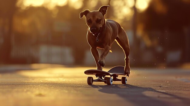 Photo un jeune chien en planche à roulettes dans une rue ensoleillée