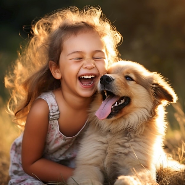 Un jeune chiot mignon léchant le visage d'une jolie jeune fille pendant qu'elle rit