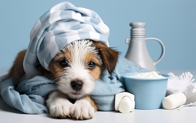 Jeune chiot sous soins de sac de glace IA générative