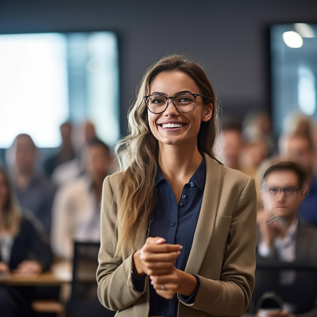 Jeune coach d'affaires engagée donnant un séminaire de formation à un groupe de travail