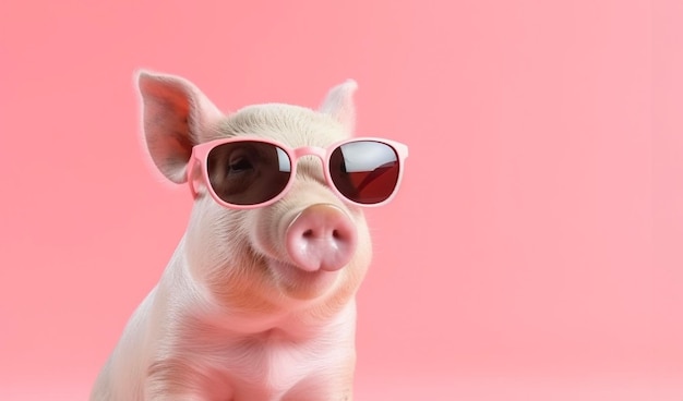 Un jeune cochon sérieux portant des lunettes de soleil isolé sur un fond rose massif IA générative