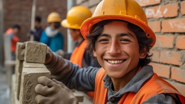 Jeune constructeur avec casco travaillant heureux