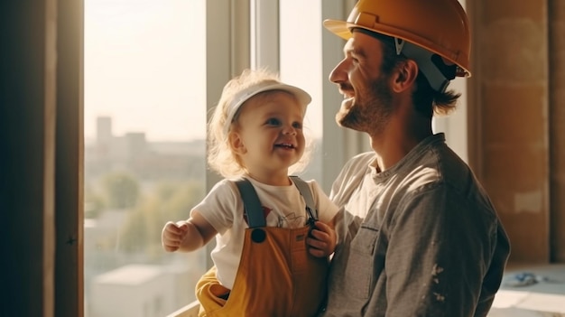 Jeune constructeur et père debout à la fenêtre d'un appartement rénové Generative AI