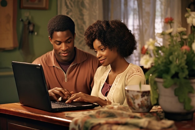 Jeune couple afro-américain utilisant un ordinateur portable ensemble à la maison