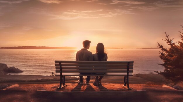 Jeune couple amoureux assis sur un banc contre le lever du soleil sur la mer