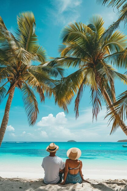 Photo un jeune couple amoureux sur le fond d'une plage tropicale et de l'océan.