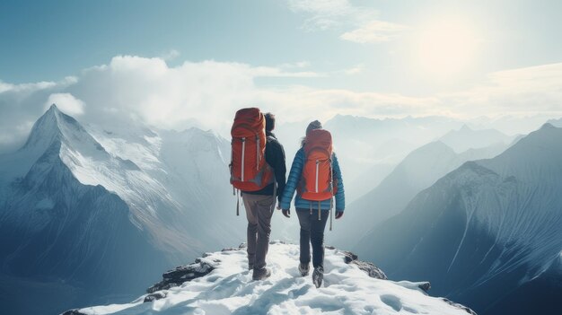 Un jeune couple amoureux heureux en haut des montagnes enneigées dans une station de ski pendant les vacances et les vacances d'hiver