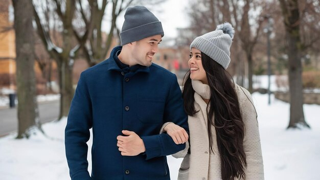 Un jeune couple amoureux se promène en hiver