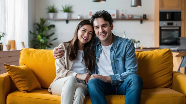 Un jeune couple amoureux et souriant assis sur le canapé jaune de leur nouvelle maison.