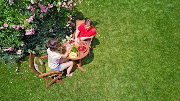 Jeune couple appréciant la nourriture et les boissons dans le beau jardin de roses sur la vue aérienne de dessus de date romantique