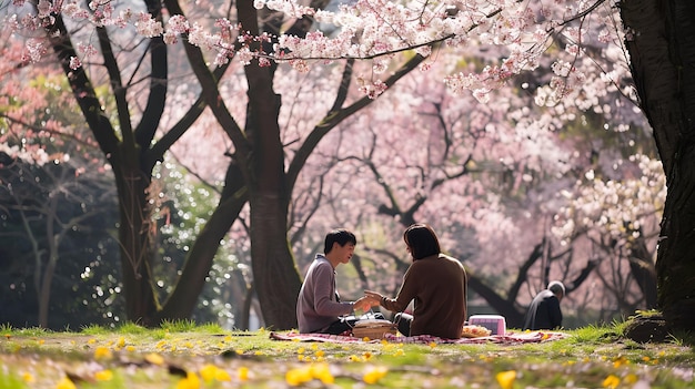 Photo un jeune couple assis sur une couverture sous un cerisier en fleurs fait un pique-nique et profite du magnifique paysage.