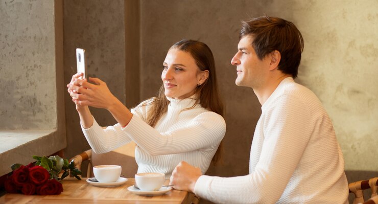 Photo jeune couple assis dans un café avec du café. bouquet de roses.