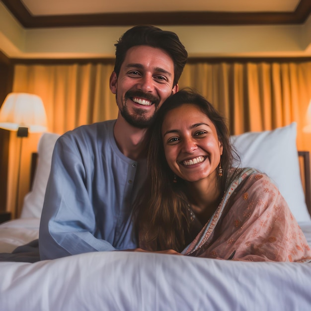 un jeune couple assis dans le lit avec un sourire brillant