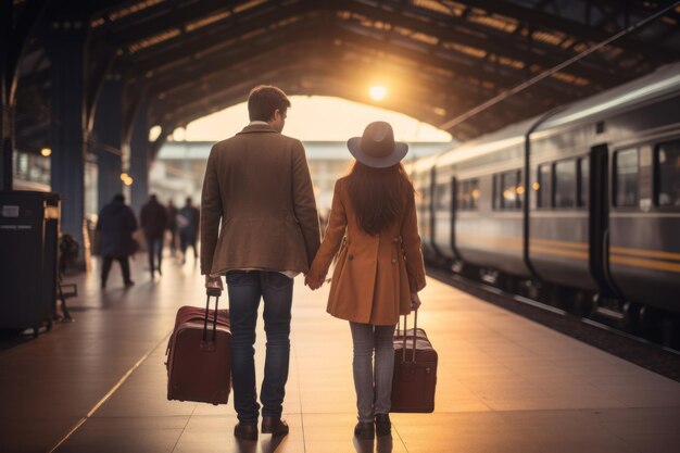 Un jeune couple au coucher du soleil à la gare.