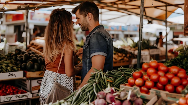 Un jeune couple au marché, l'homme et la femme se sourient en regardant les légumes.