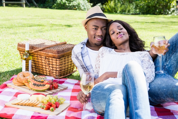 Jeune couple, avoir pique-nique, dans parc