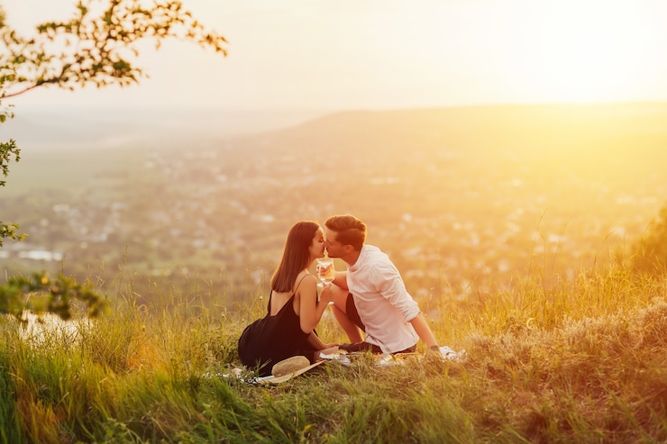 Photo jeune couple ayant un pique-nique sur la colline. l'homme embrasse sa petite amie.