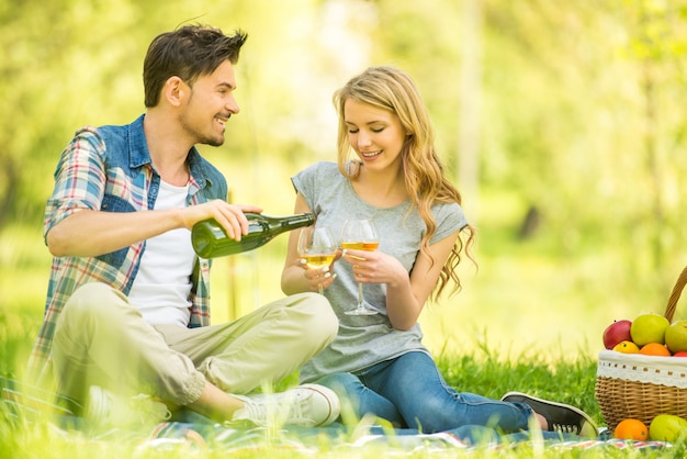 Jeune couple ayant pique-nique dans le parc et boire du vin.