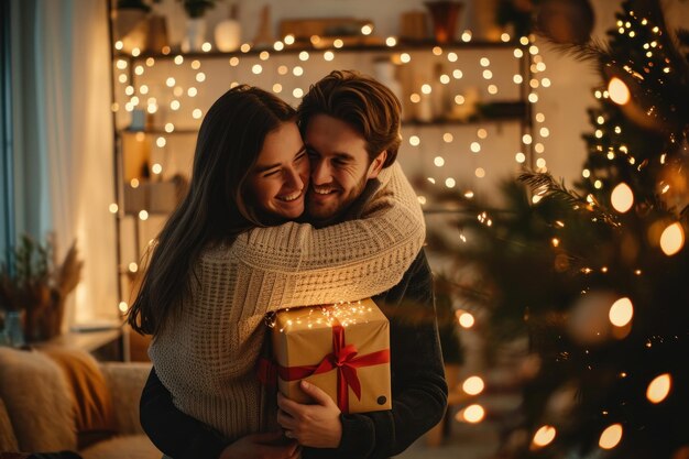 Un jeune couple avec une boîte à cadeaux s'embrassant à la maison