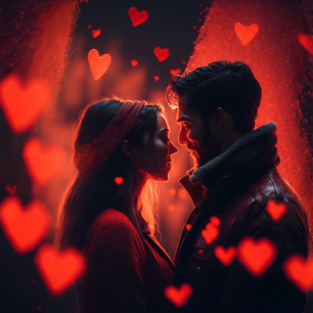 Jeune couple avec bokeh en forme de coeur sur fond de couleur rouge célébration de la Saint-Valentin