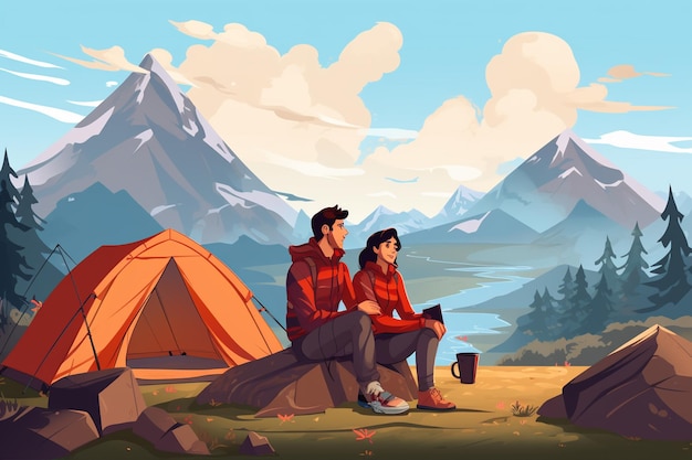 Jeune couple campant au dessin animé des montagnes