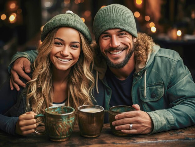 Photo un jeune couple caucasien avec de la bière au comptoir tout en profitant d'une fête dans un bar de rue