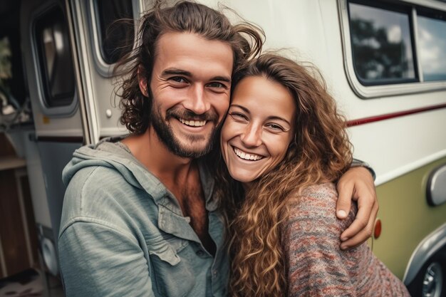 Un jeune couple caucasien souriant en regardant la caméra Voyager ensemble en camping-car est un type de relaxation distinct de l'agitation d'une grande ville Concept de santé mentale et de désintoxication numérique