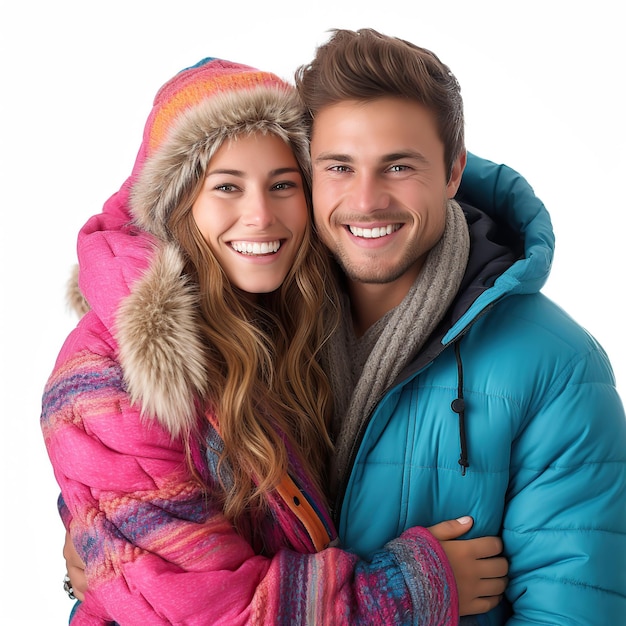 Un jeune couple caucasien en vêtements d'hiver en couleurs isolés sur un fond blanc ou transparent