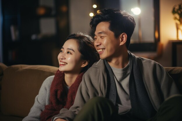 Photo un jeune couple chinois jouissant d'un film ensemble dans leur canapé. elle s'appuie sur son épaule.