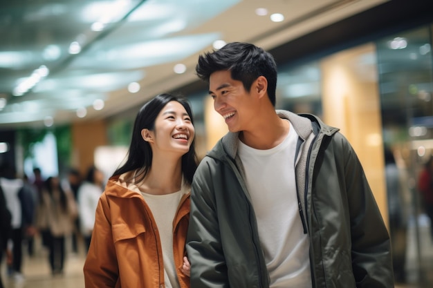 un jeune couple chinois marchant ensemble souriant dans un grand magasin k bokeh documentaire