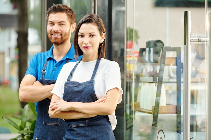 Photo jeune couple confiant debout à l'entrée d'un petit café qu'ils viennent d'ouvrir